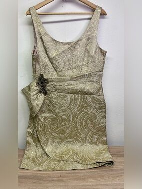 Kay Unger NEW Gold Jacquard Embroidered Side Bow Dress Size 16